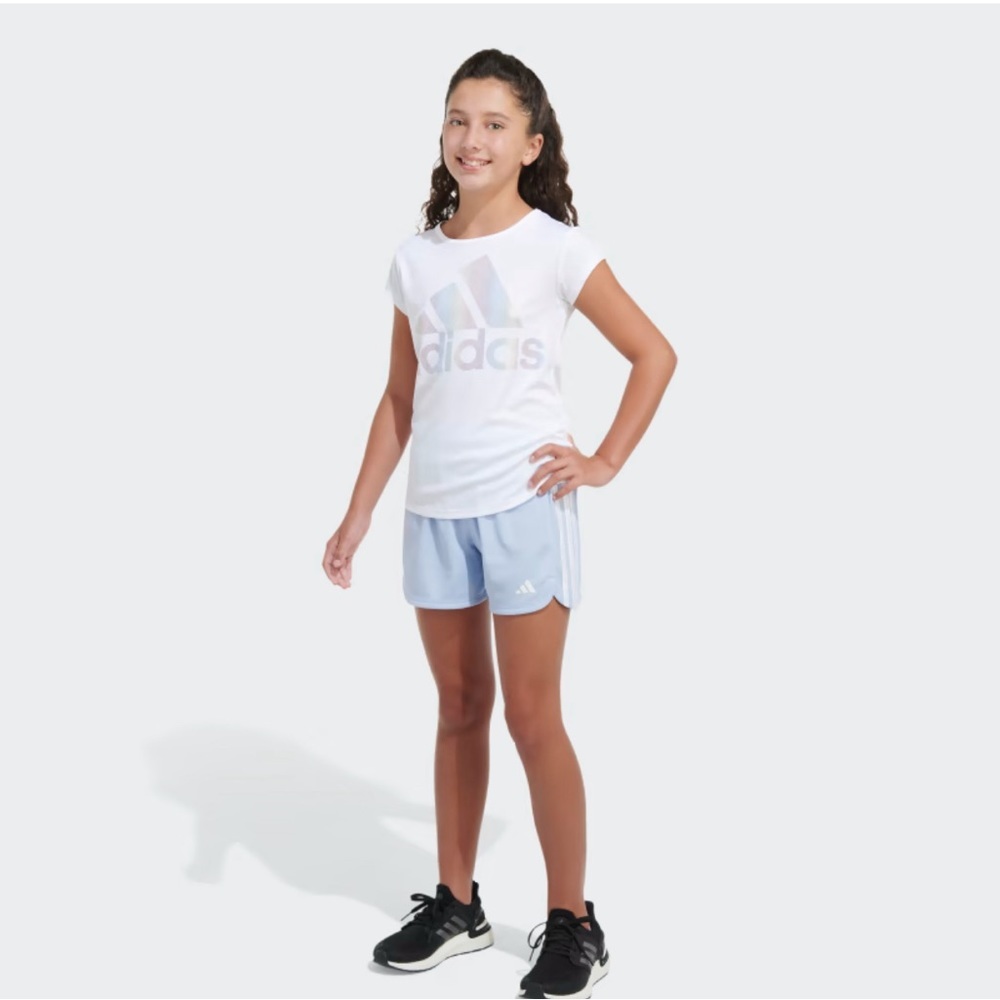 adidas Girls' 3S Pacer Mesh Shorts-Light Blue and Black